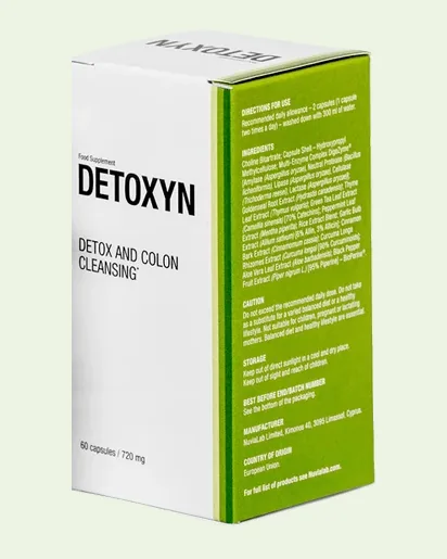 Detoxyn box with directions for use and the full list of ingredients